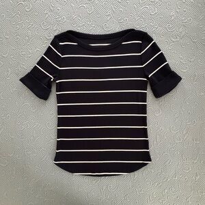Talbots boatneck T-shirt, elbow length, cuffed sleeve, 95% cotton, 5% spandex.